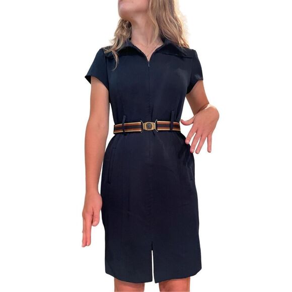 Vintage Navy Blue Structured Dress - 6 Petite - Pleated Detail - Picture 4 of 7